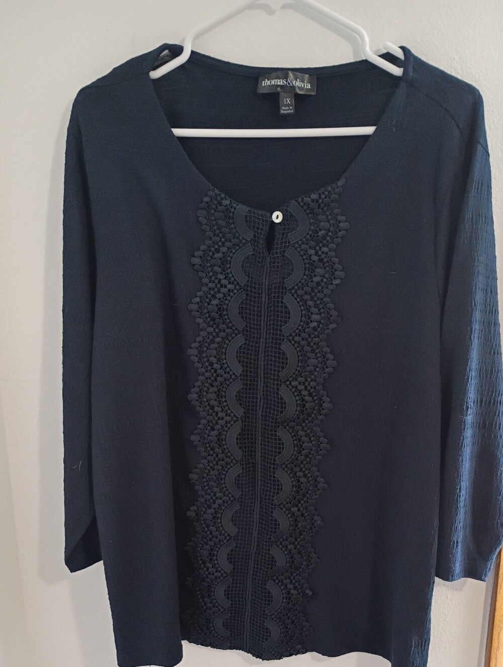 Thomas & Olivia Navy Crochet-Front Scoop Neck Long Sleeve Top